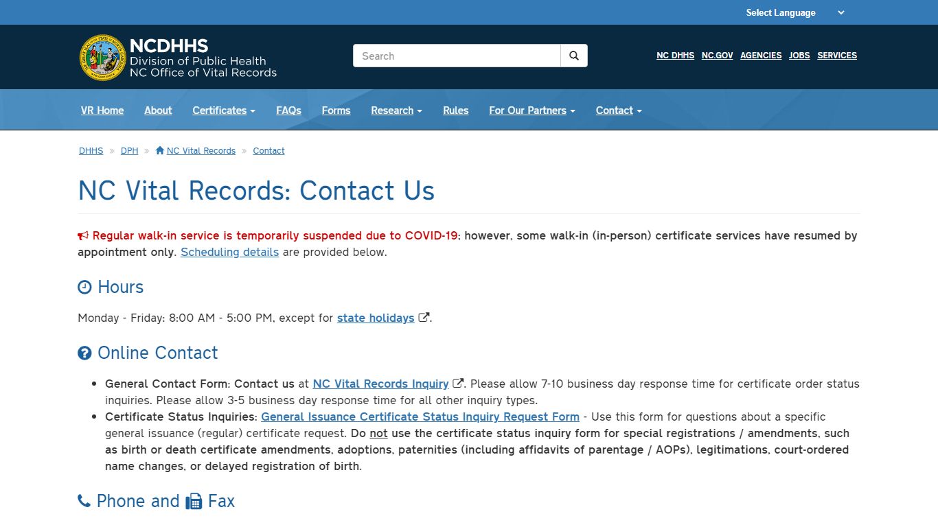 NCDHHS: DPH: NC Vital Records: Contact Us